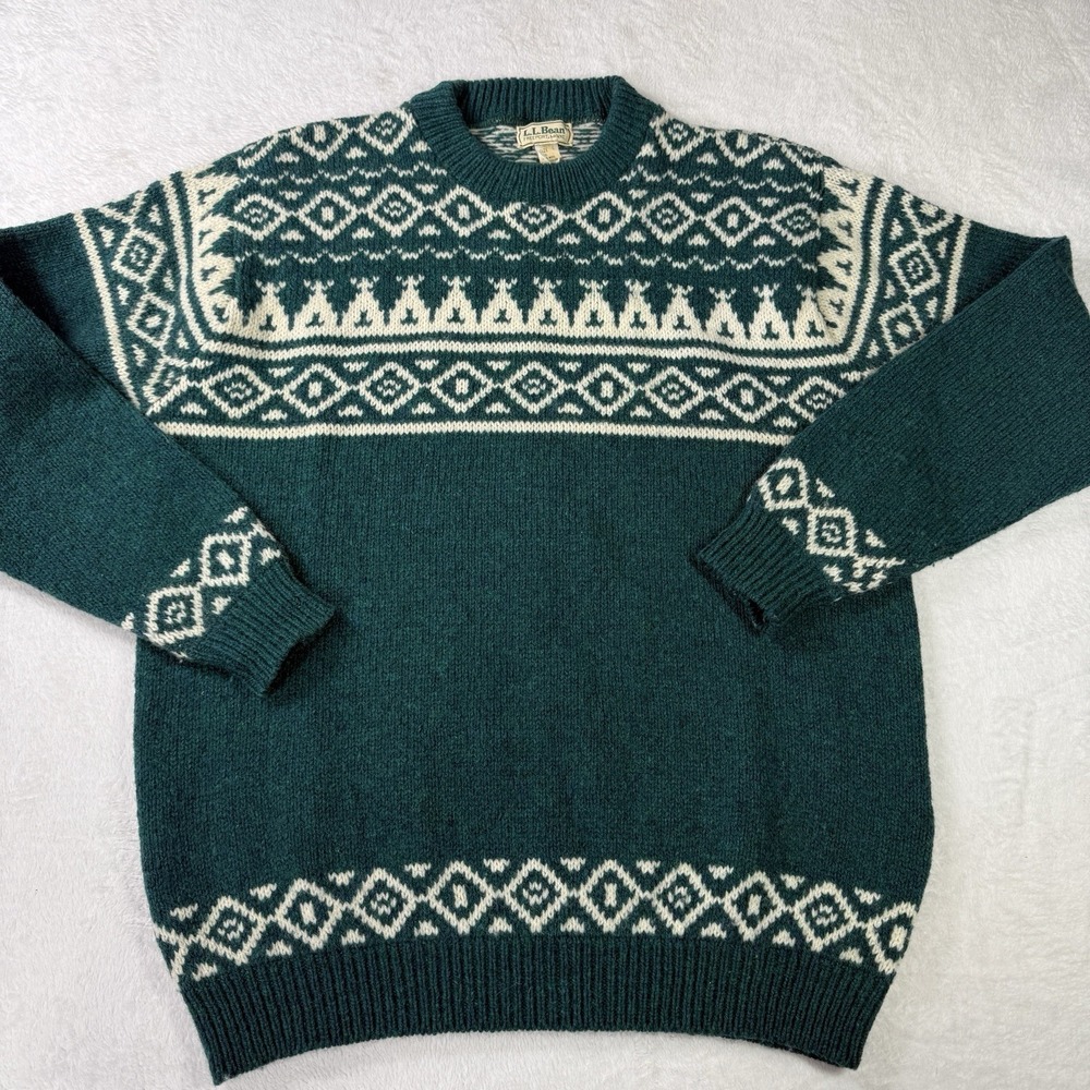Vintage 80s LL Bean Birdseye Fair Isle Large Wool Knit Sweater Made in USA Green